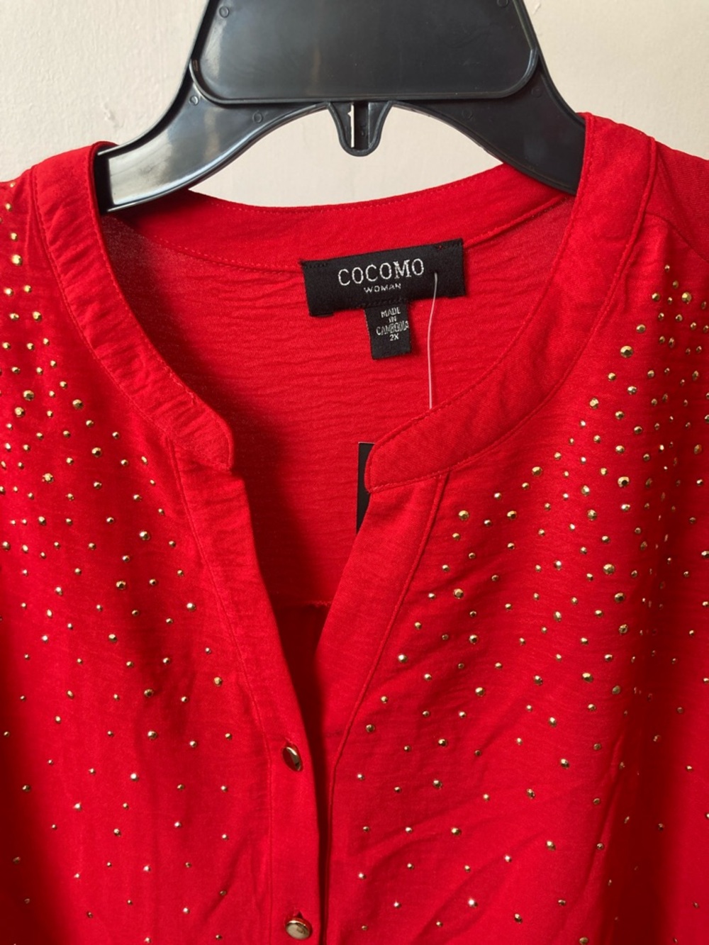 Cocomo button down shirt red with gold metallic embellishments 2X - Picture 4 of 17